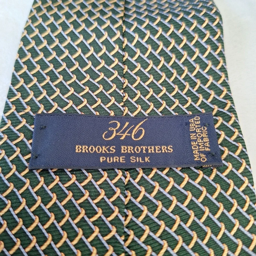 Brooks Brothers 346‎ Green Gold Geometric Tie Preppy Dapper Silk Wedding USA New